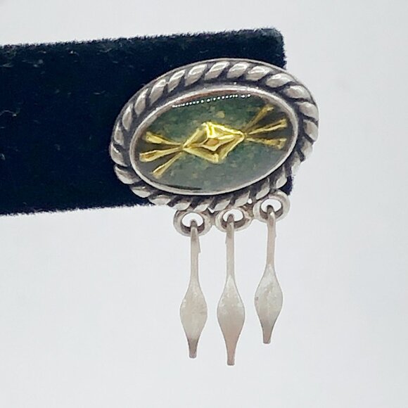 Relios Southwest Sterling Silver Green Yellow Inlay Tassel Pierced Earrings - Picture 12 of 12